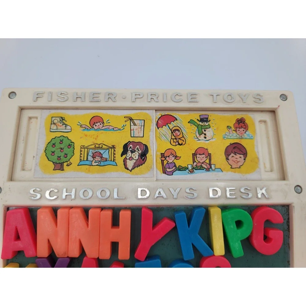 VTG 1972 Fisher-Price School Days Desk Magnetic Letters Numbers‎ Stencil Cards